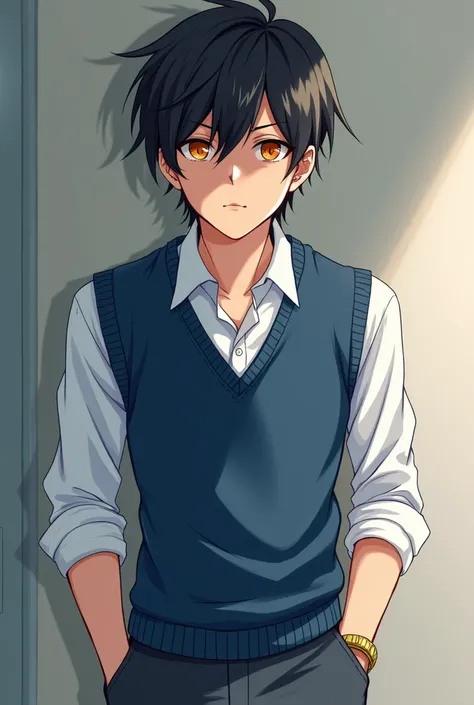 miyano yoshikazu, black haired male, orange eyes, wearing a white school shirt, blue sweater vest, pants, 