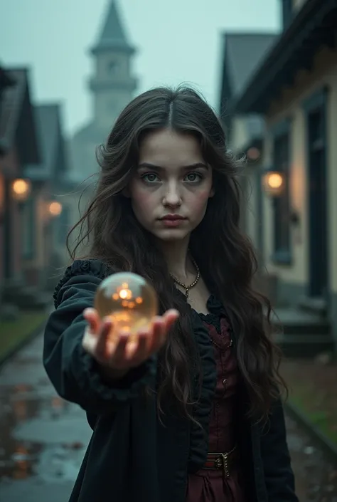  Cinematic photograph of a girl with dark eyes as is her long hair, wavy up to her chest .  Dressed in Victorian times as a small town ,  showing in her hand I immersed the magic of  