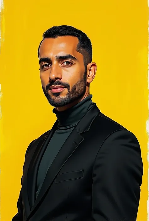 a yellow and black business card with a photo of a man, a gouache inspired by Bouchta El Hayani, instagram, modernism, mohamed chahin, mohamed chahin style, beautiful coherent professional, romain jouandeau, anchient, achille mauzan, mohamed reda, coherent...