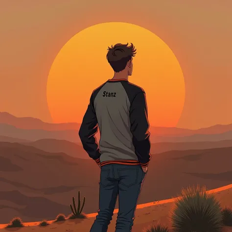 A young man in grey , black and orange sweater, with the name "Stanz" at his back, turn his back, hands in pockets, staring at a sunset on a desert, with small cactus plants,more realistic , masterpiece 