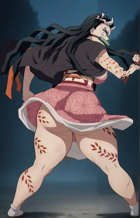 score_7_up, BREAK source_anime, dnezukoxlv4, 1girl, solo, looking back, angry, bit gag, gag, japanese clothes, kimono, pink kimono, body, big breasts, big ass, thick thighs, tattoo, horns, veins, randomized poses,