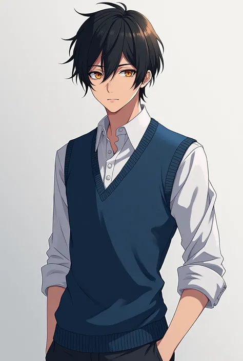 miyano yoshikazu, black haired male, orange eyes, wearing a white school shirt, blue sweater, vest, pants, beauty mark neat right side of eye