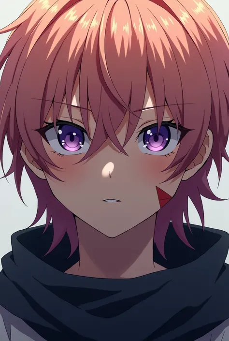  Teenage anime boy with medium long peach-colored hair, torn purple eyes , and a long scar on the cheek and looking serious