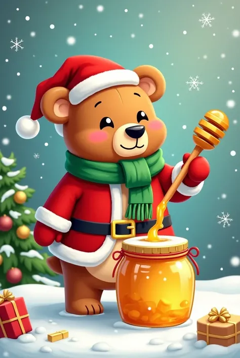 Make me a cartoon of a jar of honey accompanied by a bear in a Christmas costume
