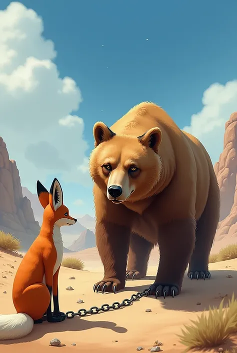 A desert fox, with a male bear in chains 