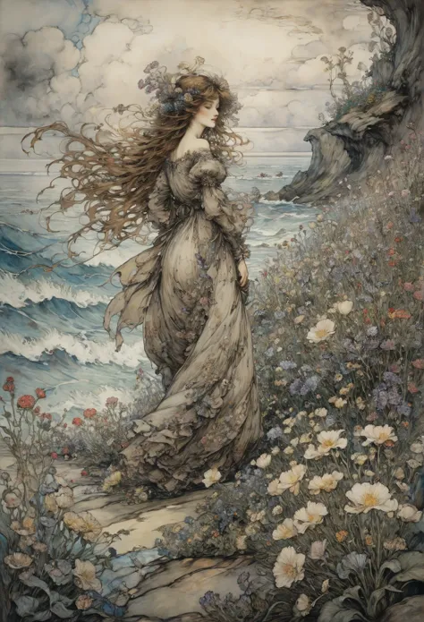 Flower sea, von Arthur Rackham,  best quality,  masterpiece, Representative work , official art ,  professional ,  extremely detailed , 8k