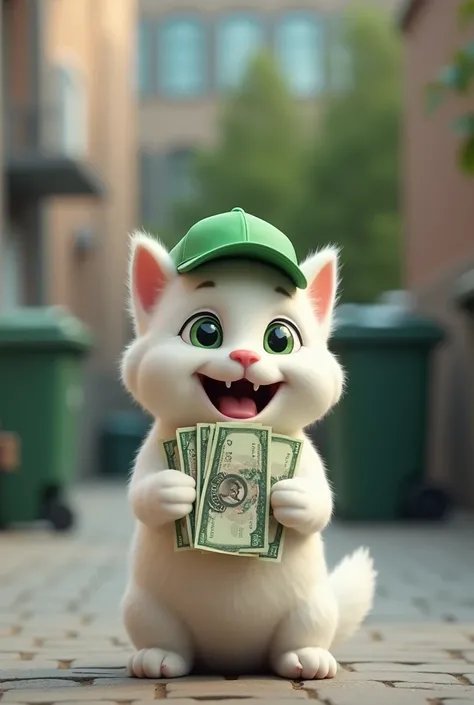 A cheerful little white humanoid dog wearing a green cap smiles widely , showing his teeth.  He holds some Royal notes on his paws and seems to be in an external environment, with blurry garbage cans and a building in the background .  The cats bright gree...