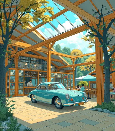 Vintage Car　 MODERN WOODEN CAFE ON A Vast Site　 GLASS CEILING AND BEAUTIFUL LIGHT 　BEAUTIFUL SORA 