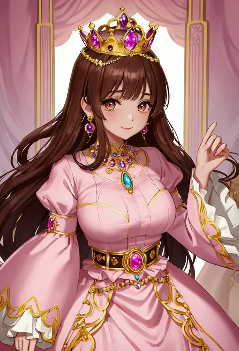 Science fantasy princess, princess from the future, fantasy princess, royalty. The princess is wearing a (pink elegant fantasy dress with billowing sleeves, an ornate jewelry waistbelt, dress jewelry, crown, floor-length sleeves) The princess has brown hai...