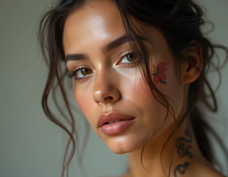 Close-up shot of the face of a beautiful Latin woman with porcelain textured skin with latin tattoo-type drawings, ultra-realistic 4K image