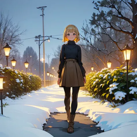 ( High Quality ,  high res, Very detailed, reality:1.37), Peaceful atmosphere, (Outdoor, garden ,snow),  teenage girl standing alone, Beautiful details,  cute smile, (Blonde Bob ), Ribbed sweater,Brown skirt,  black tights ,  brown boots .