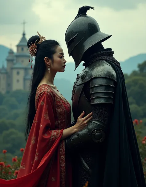 2 characters in love: An Asian woman in traditional Chinese clothes. A European knight in medieval armor, wears helmet, face covered, villain armor, darkness armor, black armor, devil armor. Chinese princess and medieval knight, ancient style, medieval lan...