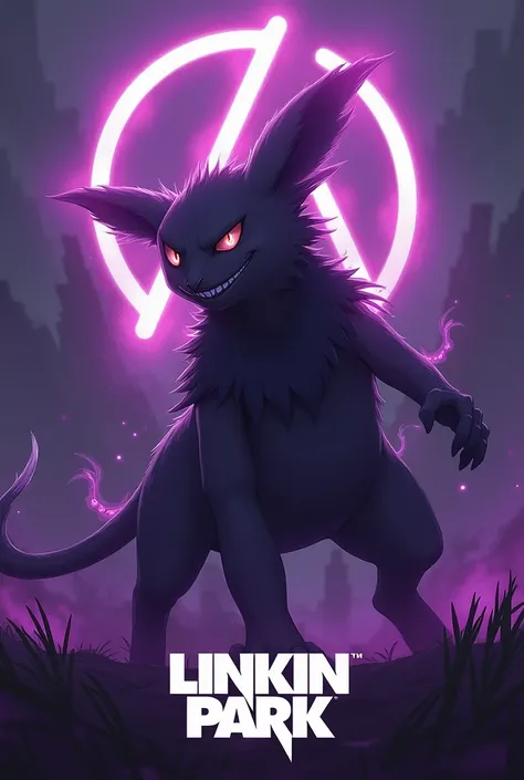 Dark-type Pokémon on a background related to it ,  that has the Linkin Park logo and that has a purple color