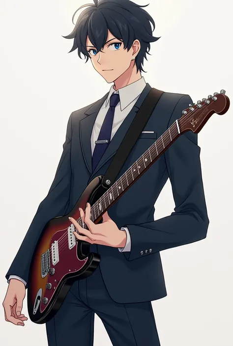 uenoyama ritsuka, black haired male, blue eyes, gakuran uniform, holding a guitar, smirking, given