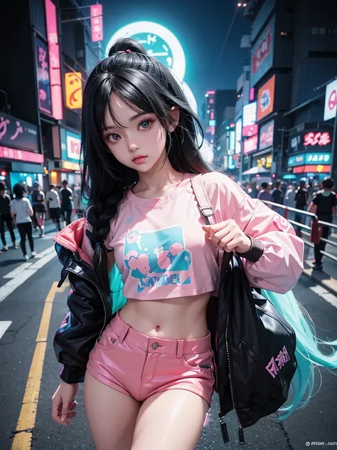 2 s,  neon black hair  ,   moonlight eyes  ,     ((  anime style  )),   hip-hop clothes inspired by Harajuku, soft colors,   background with neon ink splashes  , Soft stroke  , Night scene in Tokyo , 4K, holographic clothes ,   high resolution,  cyberpunk-...