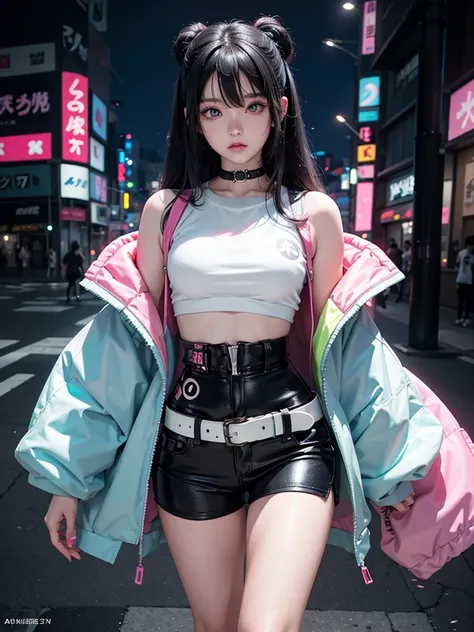 2 s,  neon black hair  ,   moonlight eyes  ,     ((  anime style  )),   hip-hop clothes inspired by Harajuku, soft colors,   background with neon ink splashes  , Soft stroke  , Night scene in Tokyo , 4K, holographic clothes ,   high resolution,  cyberpunk-...