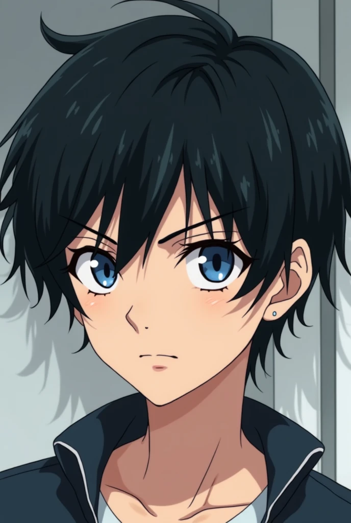 Medium-length black-haired teen anime boy,  blue eyes, serious look