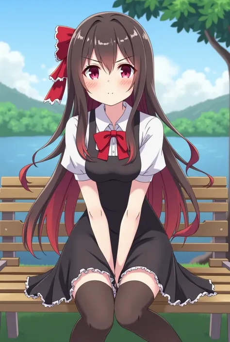 rating:safe, thighhighs, long_hair, 1girl, short_sleeves, bow, pout, :t, red_bow, solo, eyebrows_visible_through_hair, red_eyes, sitting, black_legwear, puffy_short_sleeves, sky, tree, hair_bow, outdoors, closed_mouth, day, bangs, brown_hair, shoes, lookin...