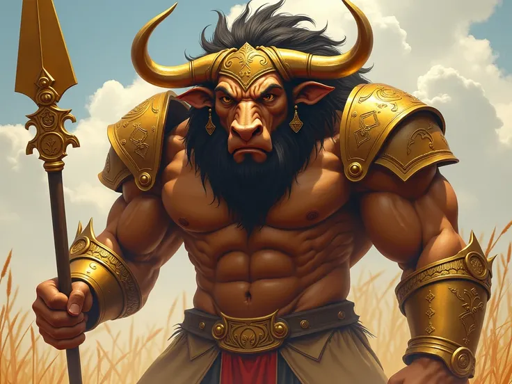 colossal figure ,  with the body of a humanoid bull ,  but more imposing than any other creature on the floor .  His skin is a deep tan , almost golden,  with muscles that stand out in every movement .  His head is adorned with a large crown of chives fres...