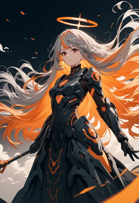 (masterpiece),  top quality ,  Ultra Detailed,  illustrations, Warm lighting,  bright color,  One girl , Alone,  long hair,  gray hair,  has orange hair, orange inner hair,  red eyes,  colored inner hair ,  Two Tone Hair ,  , Ridiculously long hair, orange...