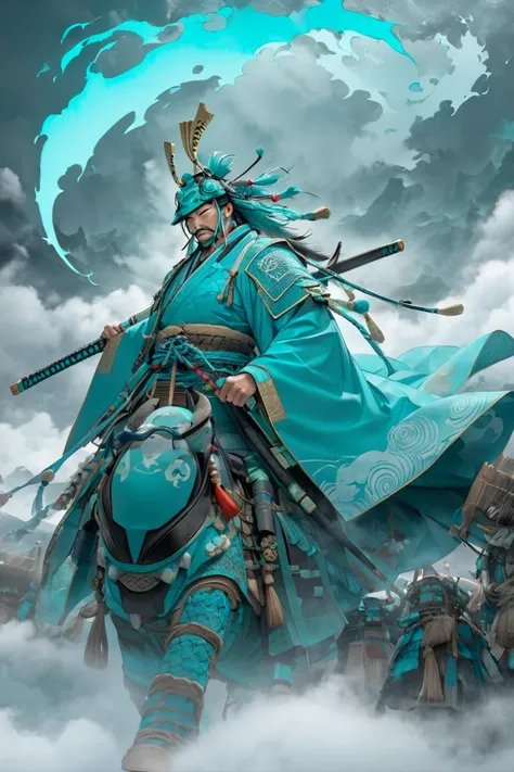 Turquoise samurai of fog under the moon