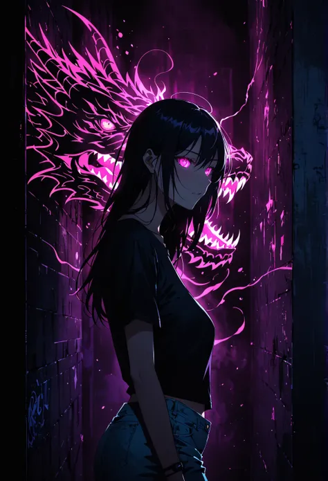 (Portrait of a mysterious giant Roaring dragon)，indoor，Fluorescent illumination， (((Darkness shrouded, black background, shadow, extreme darkness, Dark atmosphere))),，Wall background，black background，silhouette，shadow，extreme darkness，Minimalist graffiti s...