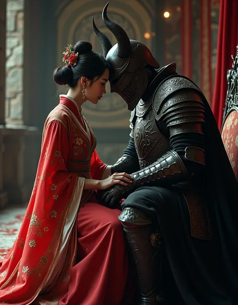 2 characters in love: Asian woman in traditional Chinese clothes. A European knight in medieval armor, wears helmet, face covered, villain armor, darkness armor, black armor, devil armor. Chinese princess and medieval knight, ancient style, medieval scener...