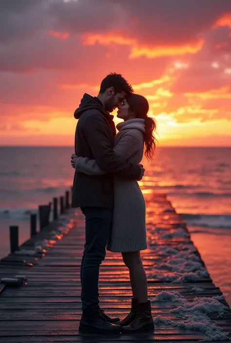 a man and a woman hugging on a pier during a winter sunset