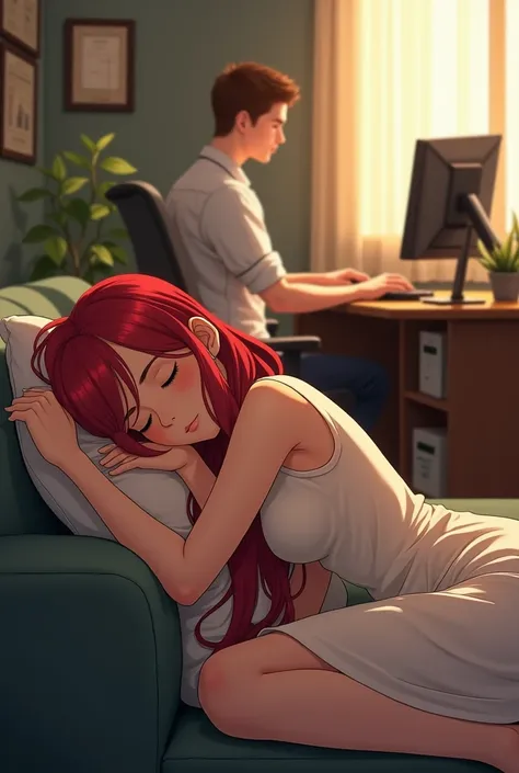 
A red girl with long red hair is sleeping on the couch inside the office and her lover watches her while he is sitting at his desk working on his computer and his hair is brown 