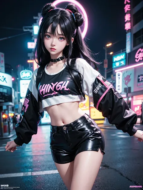 2 s,  neon black hair  ,   moonlight eyes  ,     ((  anime style  )),   hip-hop clothes inspired by Harajuku, soft colors,   background with neon ink splashes  , Soft stroke  , Night scene in Tokyo , 4K, holographic clothes ,   high resolution,  cyberpunk-...