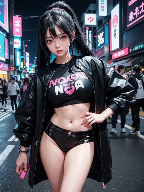 2 s,  neon black hair  ,   moonlight eyes  ,     ((  anime style  )),   hip-hop clothes inspired by Harajuku, soft colors,   background with neon ink splashes  , Soft stroke  , Night scene in Tokyo , 4K, holographic clothes ,   high resolution,  cyberpunk-...