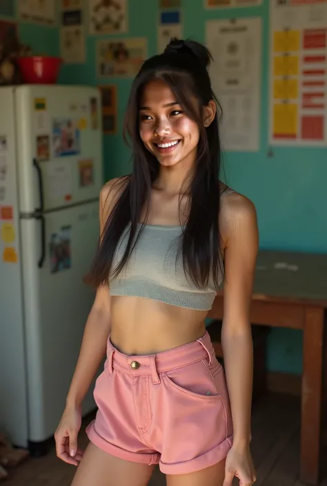 (Masterpiece, ultra-detailed, photorealistic, cinematic lighting, full-body focus), (an 18-year-old Filipina girl with glowing sun-kissed skin and soft pink cheeks, her smile revealing braces, radiating joy and cuteness:1.9), (long, straight jet-black hair...