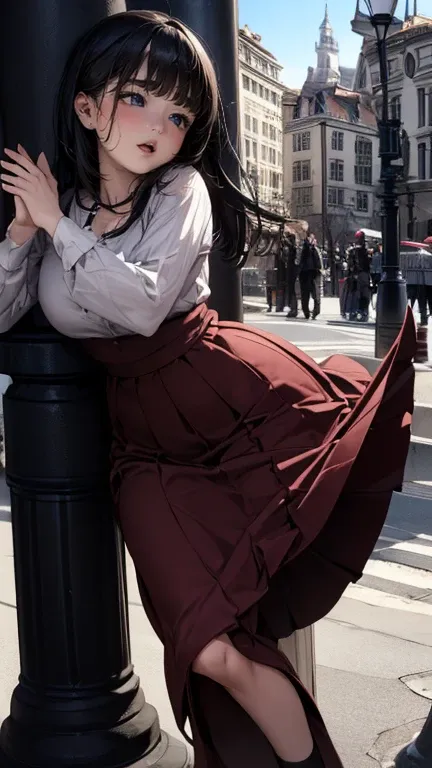 drooping eyes, ecstasy, (((round face))), (((hit her crotch against a standing pipe bollard, eccentric pose))), (((hide crotch with a long skirt))), open legs, orgasm, outside,