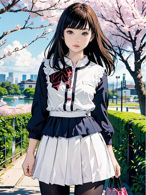 ((masterpiece)),((( is the best質))) high res、 is the best、 Hashimoto Kanna is in casual clothes 、 Hashimoto Kanna is in a miniskirt 、 Hashimoto Kannas thin black pantyhose、Scenery of fluttering cherry blossoms 、