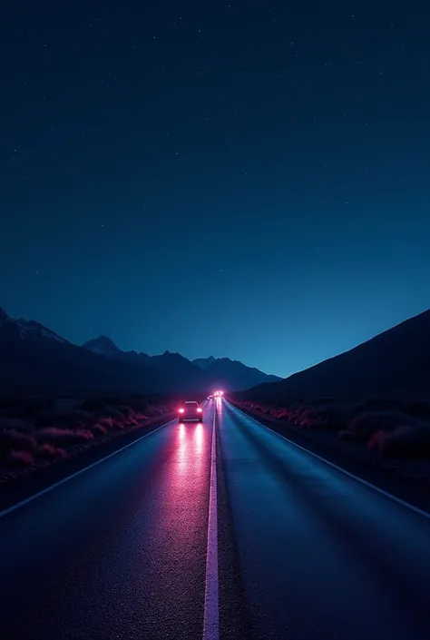 dark color palette: Shades such as navy blue ,  black and purple can convey the serenity and mystery of the night .

 Images of illuminated roads :  Deserted roads with neon lights or headlights of moving cars can symbolize night travel.

 Starry skies or ...