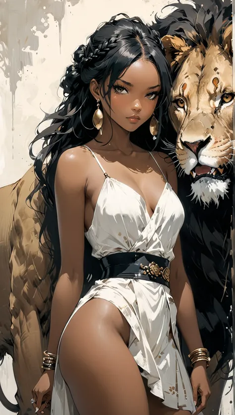 ,(in style of Ashley Wood:0.8),1girl and a lion, black hair, earrings, jewelry, long hair, looking at viewer, sash, solo, dark skin, blush, braid, dark-skinned female, masterpiece, best quality,lion focus,