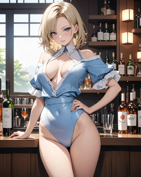  bartender , ( Japanese anime style),  cute, ( Android １８Number), Married Woman, Alluring,  Cowboy Shot , masterpiece:1.5, masterpiece, highest quality, UHD, retina, masterpiece, accurate anatomy, super detailed, high quality, best quality, 8k