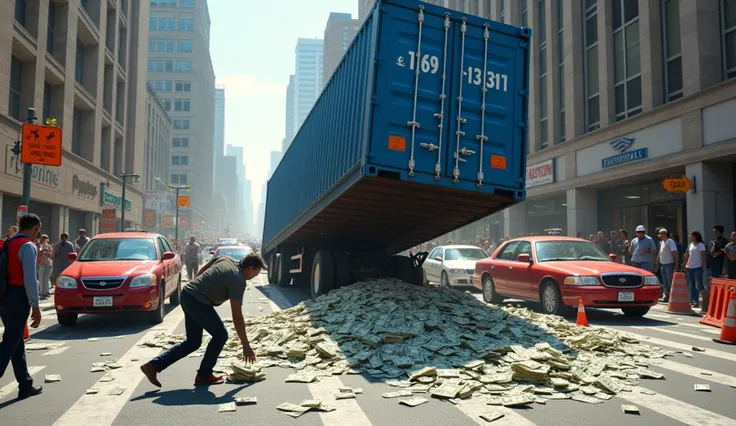 Create a dynamic and vibrant scene showing a large blue cargo truck with its rear container tilted, spilling an enormous pile of cash onto a busy urban street. The truck is surrounded by a chaotic yet energetic atmosphere, as people gather around to pick u...