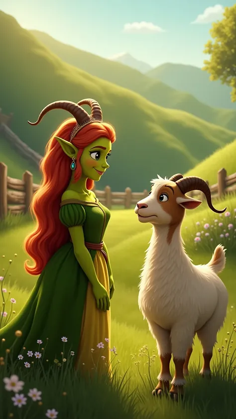 "Princess Fiona, in her ogre form, standing face to face with a curious goat in a picturesque countryside setting. Fiona is calm and smiling, her green skin radiant under the golden sunlight. The goat, with its white and brown fur, looks up at her inquisit...