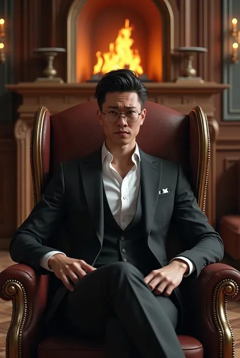 Handsome young man with black hair sitting in an elegant chair in a luxurious office with imposing posture and dressed in an elegant suit 