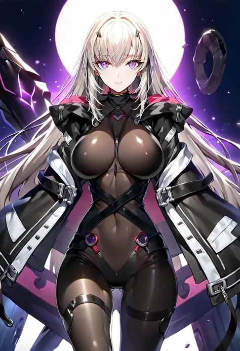 alterform, grey hair, purple eyes, large breasts, absurdres, by famous artist, exquisite, (((cowboy shot))), hood down, jacket, body suit, black clothes, black wear, weapon,(((purple eyes))), masterpiece, super fine illustration, ultra high res, masterwork...