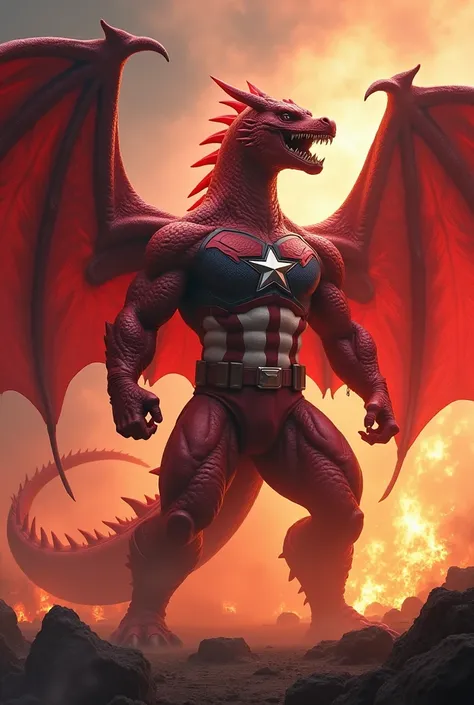 Captain America merged into a ruby red fire breathing dragon 