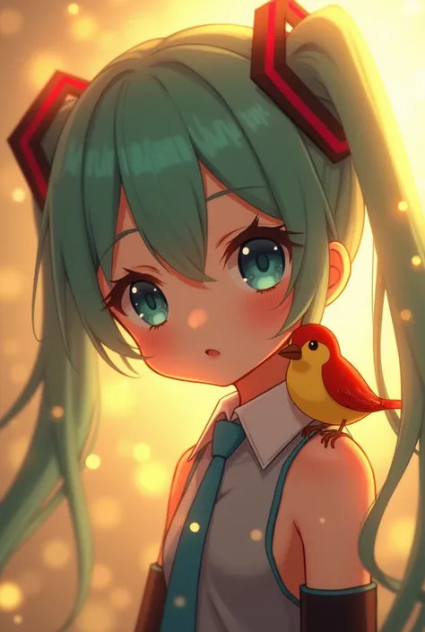  illuminated by the soft golden light of a calm morning, Fascinating close-up portrait of Chibi Miku and a beautiful little bird, The little bird is on Chibi Mikus shoulder、 Brilliant Bokeh Gently Surrounding Her Delicate Figure