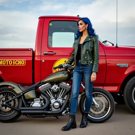 A petite woman with blue hair stands confidently next to a vibrant red 1993 Ford pickup truck and a CUSTOM motorcycle. She is elegantly dressed in a green leather jacket, jeans and black boots. the truck is parked on the road. On the door there are yellow ...