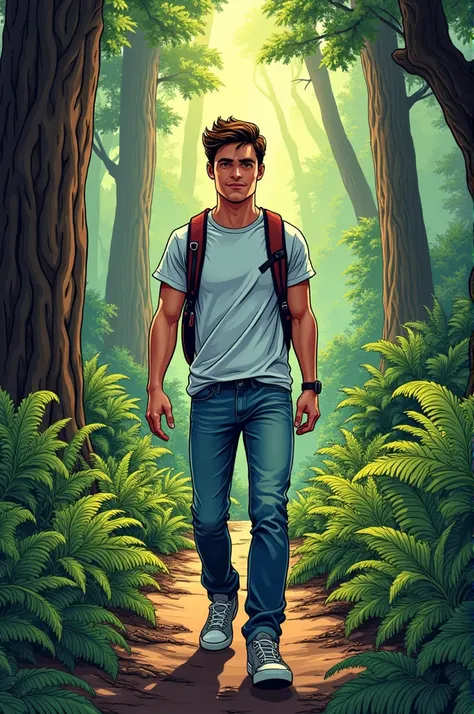 Make an American comic-style drawing of a young man walking in the woods 