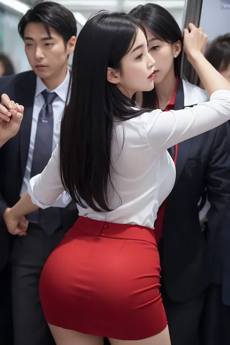 (( white shirt))、 (( red skirt))、 ((office lady uniform ))、 J-cup large breasts、Beautifully shaped breasts、slender、 Outstanding Style 、Tight tops、Open chest、Emphasizes the fullness of the chest、Cleavage、Beautifully shaped breasts 、Open chest、Breast enlarge...