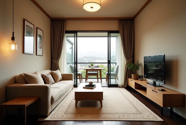 A small, modern Japanese living room with a warm and sophisticated atmosphere. The room features a compact beige fabric sofa with decorative cushions, a wooden coffee table, and a TV mounted on a sleek wooden console table. The flooring combines dark wood ...