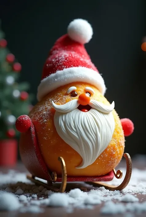 A coxinha with a Santa Claus hat , Santas beard on a Santas sleigh 3d style realistic black background