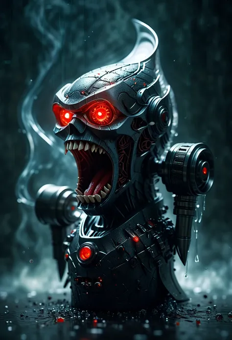 a juicer mimic with large teeth,highly detailed,intricate mechanical design,stainless steel body,sharp metallic teeth,glowing red eyes,ominous atmosphere,dark shadows,dramatic lighting,photorealistic,cinematic,sci-fi,concept art