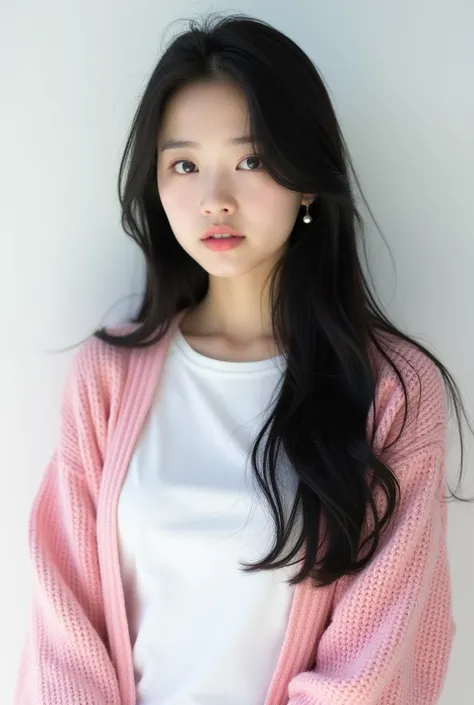 A beautiful Korean teenage girl with long, straight black hair. She is eighteen years old with a Korean face. She is wearing a white t-shirt and a baby pink knit cardigan. She appears quiet, indifferent, firm, with a sharp gaze. She is posing for a photosh...